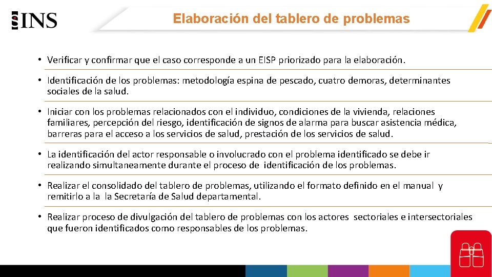 Elaboración del tablero de problemas • Verificar y confirmar que el caso corresponde a