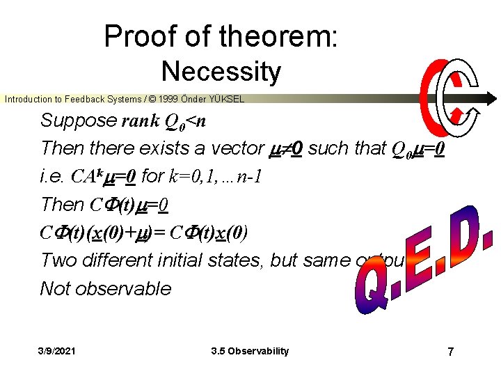 Proof of theorem: Necessity Introduction to Feedback Systems / © 1999 Önder YÜKSEL Suppose