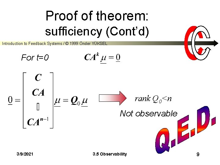 Proof of theorem: sufficiency (Cont’d) Introduction to Feedback Systems / © 1999 Önder YÜKSEL