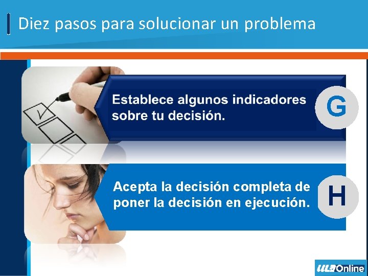 Diez pasos para solucionar un problema G Acepta la decisión completa de poner la