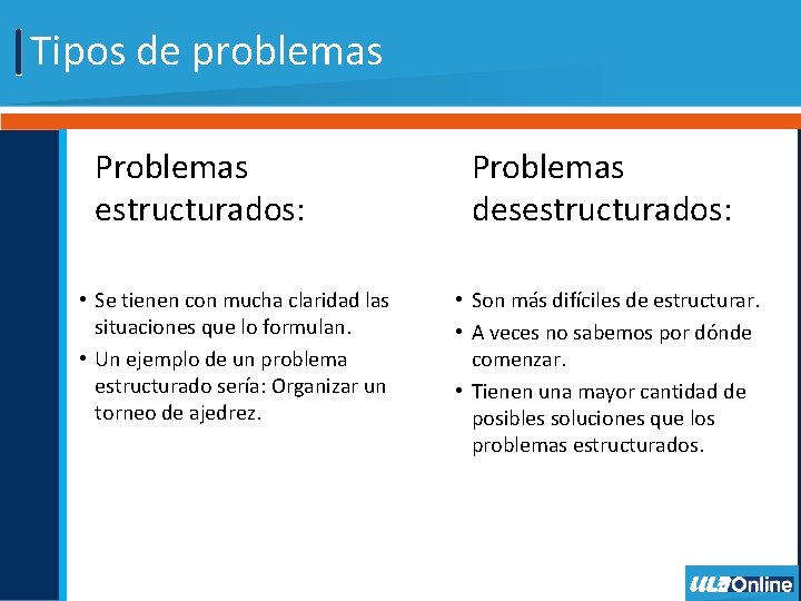 Tipos de problemas Problemas estructurados: • Se tienen con mucha claridad las situaciones que