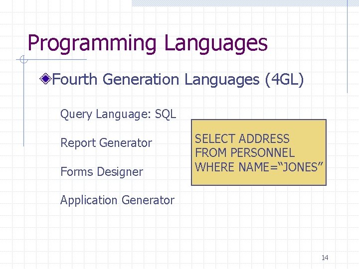 Programming Languages Fourth Generation Languages (4 GL) Query Language: SQL Report Generator Forms Designer Programming Languages Fourth Generation Languages (4 GL) Query Language: SQL Report Generator Forms Designer