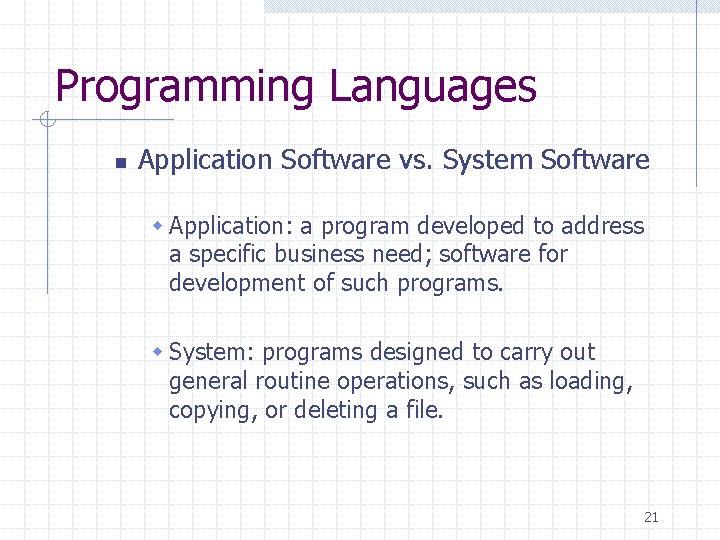 Programming Languages n Application Software vs. System Software w Application: a program developed to Programming Languages n Application Software vs. System Software w Application: a program developed to
