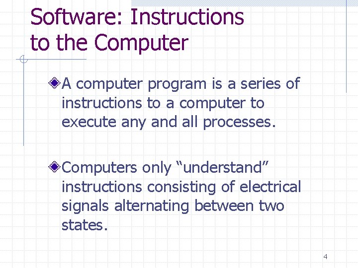 Software: Instructions to the Computer A computer program is a series of instructions to Software: Instructions to the Computer A computer program is a series of instructions to