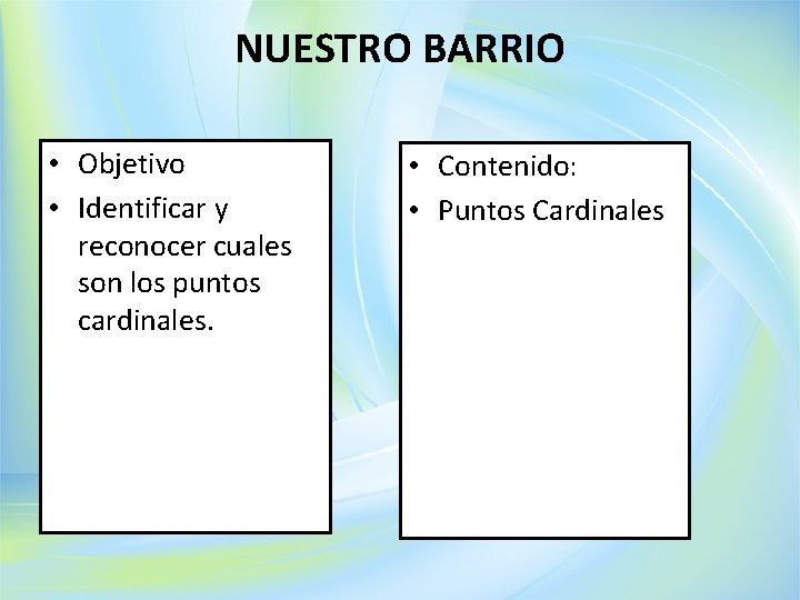 NUESTRO BARRIO • Objetivo • Identificar y reconocer cuales son los puntos cardinales. •