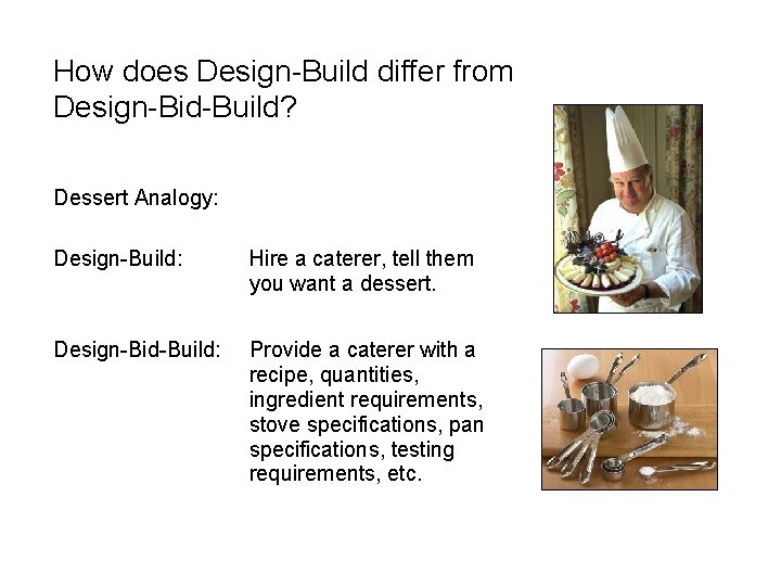 How does Design-Build differ from Design-Bid-Build? Dessert Analogy: Design-Build: Hire a caterer, tell them