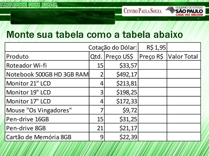 Microsoft Excel Monte sua tabela como a tabela abaixo 