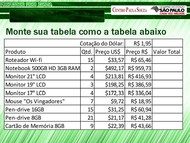 Microsoft Excel Monte sua tabela como a tabela abaixo 