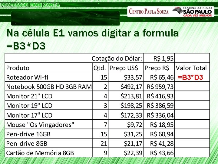 Microsoft Excel Na célula E 1 vamos digitar a formula =B 3*D 3 