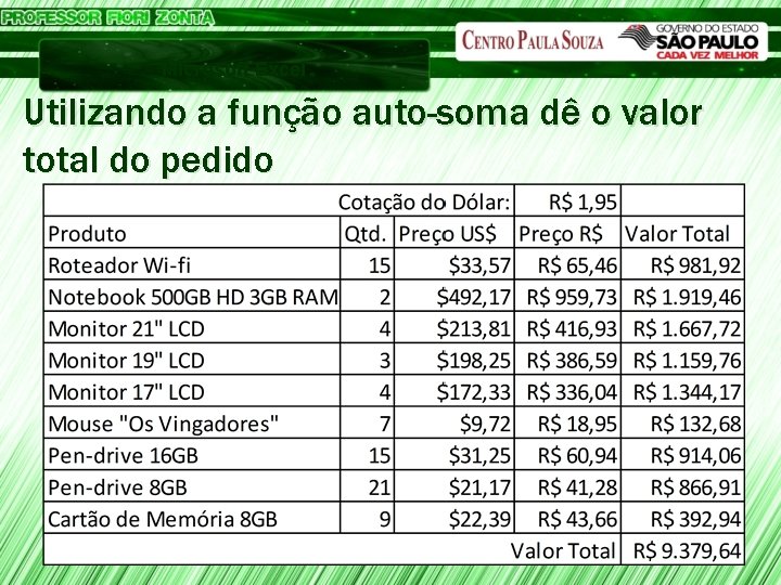 Microsoft Excel Utilizando a função auto-soma dê o valor total do pedido 