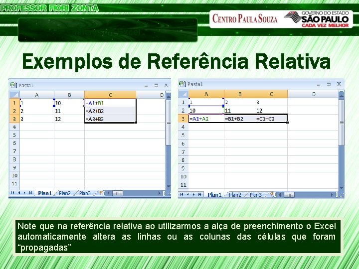 Microsoft Excel Exemplos de Referência Relativa Note que na referência relativa ao utilizarmos a