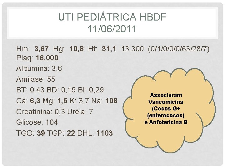 UTI PEDIÁTRICA HBDF 11/06/2011 Hm: 3, 67 Hg: 10, 8 Ht: 31, 1 13.