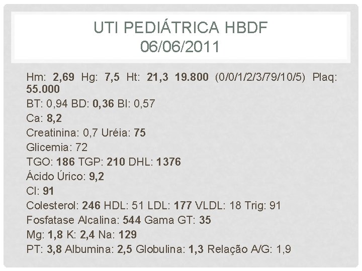 UTI PEDIÁTRICA HBDF 06/06/2011 Hm: 2, 69 Hg: 7, 5 Ht: 21, 3 19.