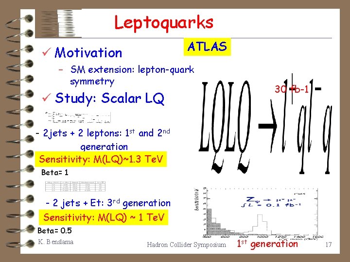 Leptoquarks ATLAS ü Motivation – SM extension: lepton-quark symmetry ü Study: Scalar LQ 30
