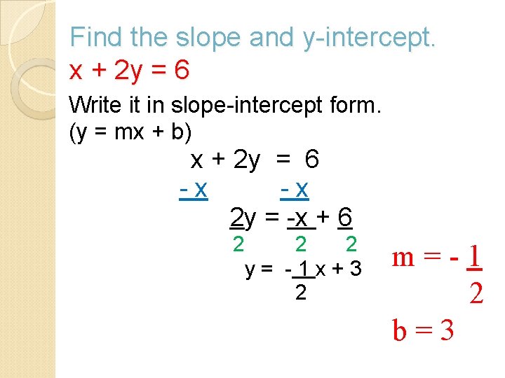 Find the slope and y-intercept. x + 2 y = 6 Write it in