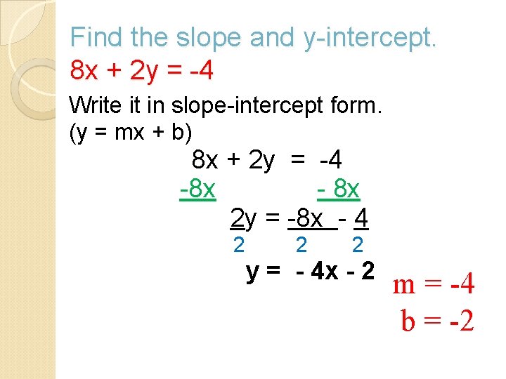 Find the slope and y-intercept. 8 x + 2 y = -4 Write it