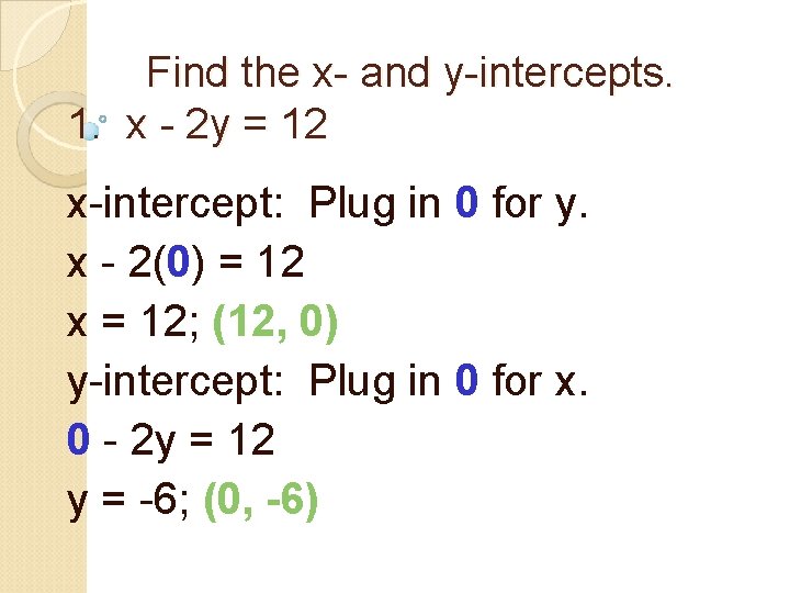 Find the x- and y-intercepts. 1. x - 2 y = 12 x-intercept: Plug