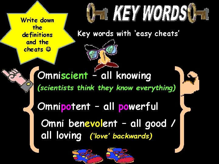 Write down the definitions and the cheats Key words with ‘easy cheats’ Omniscient –