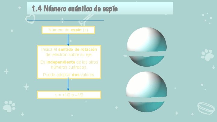 1. 4 Número cuántico de espín Número de espín (s) Indica el sentido de