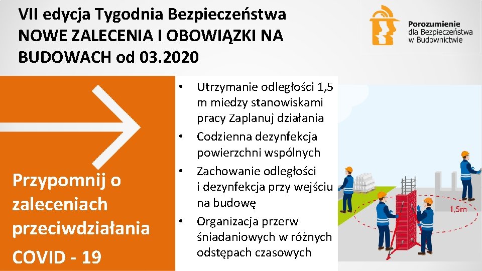 VII edycja Tygodnia Bezpieczeństwa NOWE ZALECENIA I OBOWIĄZKI NA BUDOWACH od 03. 2020 •