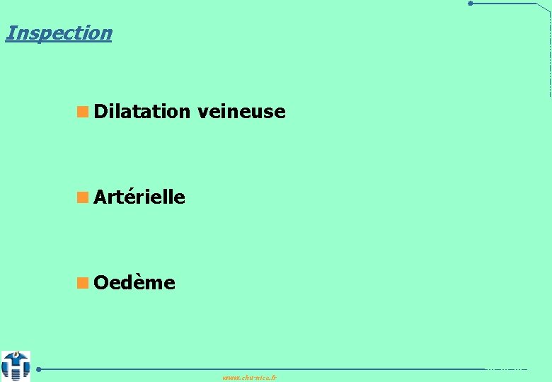 Inspection <Dilatation veineuse <Artérielle <Oedème www. chu-nice. fr 