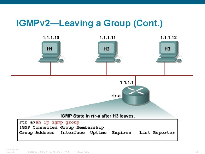 IGMPv 2—Leaving a Group (Cont. ) BSCI Module 7 Lesson 2 © 2006 Cisco