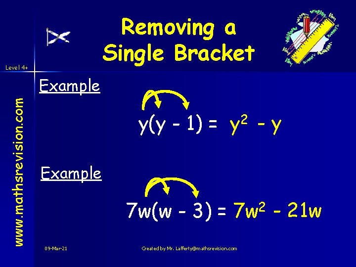 Removing a Single Bracket Level 4+ www. mathsrevision. com Example y(y - 1) = Removing a Single Bracket Level 4+ www. mathsrevision. com Example y(y - 1) =