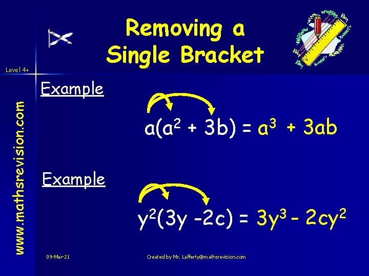 Removing a Single Bracket Level 4+ www. mathsrevision. com Example a(a 2 + 3 Removing a Single Bracket Level 4+ www. mathsrevision. com Example a(a 2 + 3