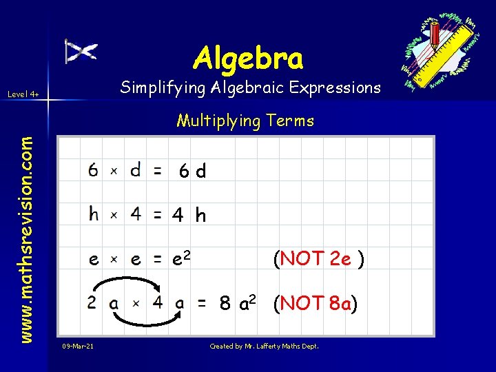 Algebra Simplifying Algebraic Expressions Level 4+ www. mathsrevision. com Multiplying Terms 6 d 4