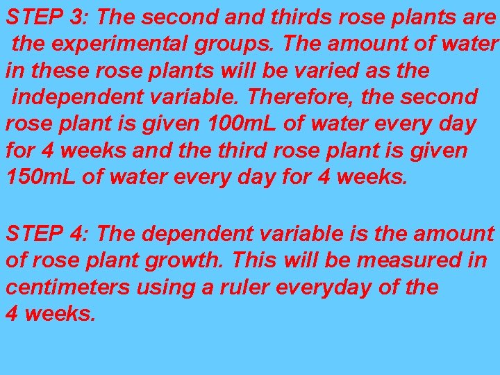 STEP 3: The second and thirds rose plants are the experimental groups. The amount