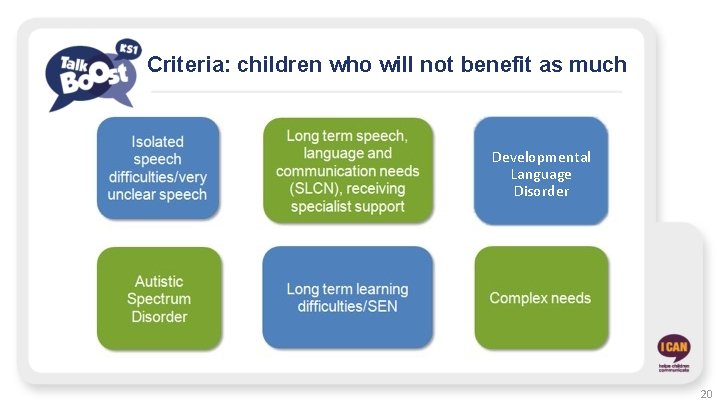 Criteria: children who will not benefit as much Developmental Language Disorder 20 