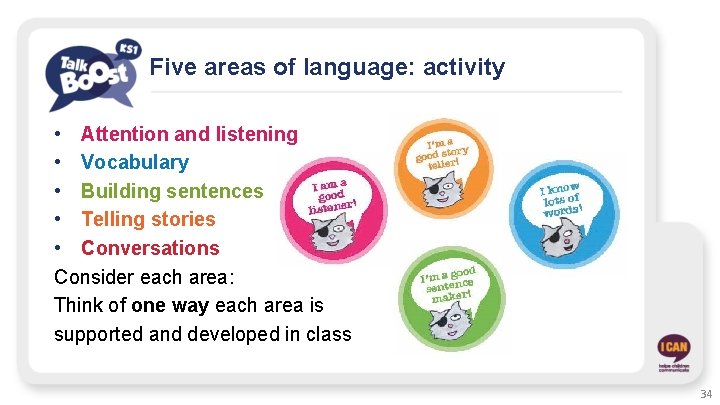 Five areas of language: activity • Attention and listening • Vocabulary • Building sentences