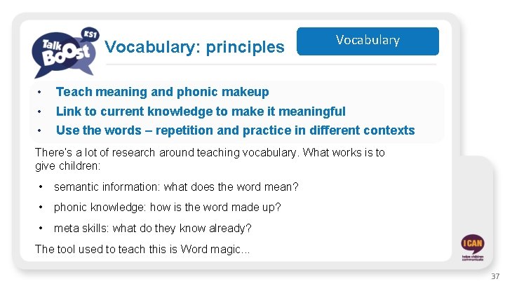 Vocabulary: principles • • • Vocabulary Teach meaning and phonic makeup Link to current