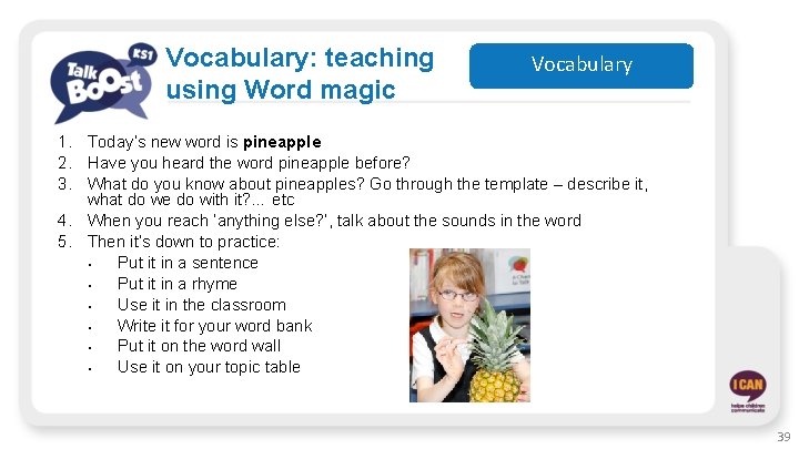 Vocabulary: teaching using Word magic Vocabulary 1. Today’s new word is pineapple 2. Have