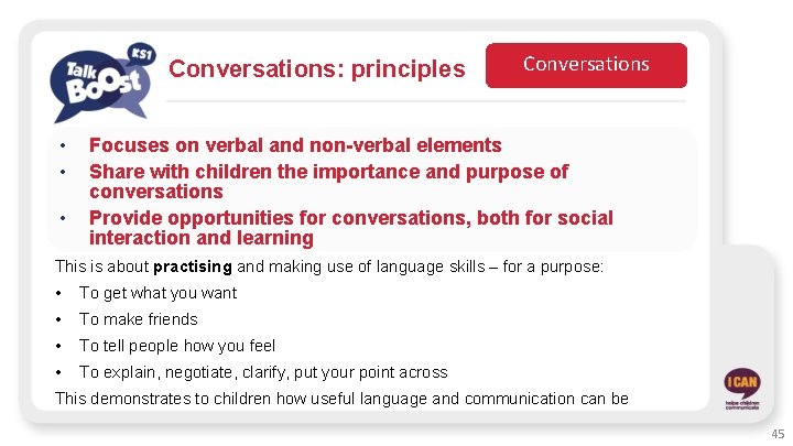 Conversations: principles • • • Conversations Focuses on verbal and non-verbal elements Share with