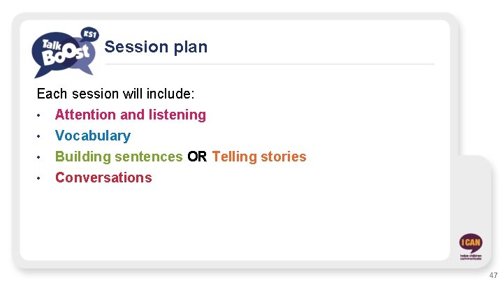 Session plan Each session will include: • Attention and listening • • • Vocabulary