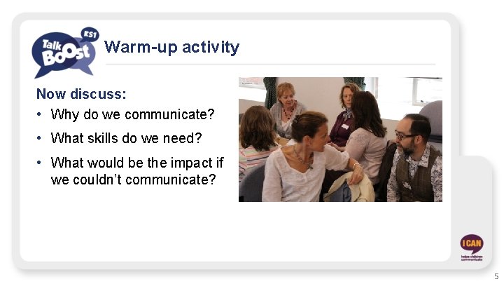 Warm-up activity Now discuss: • Why do we communicate? • What skills do we