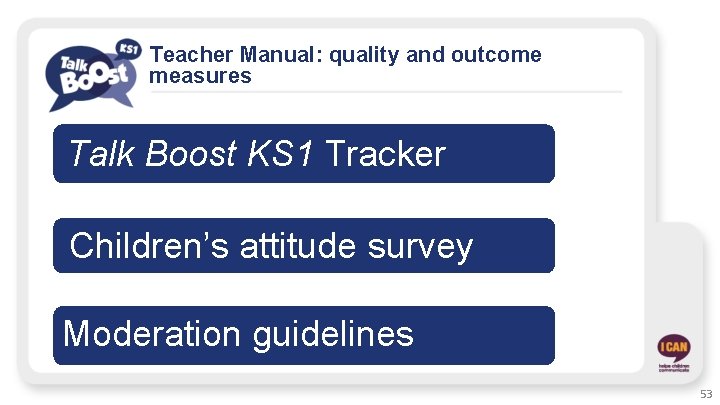 Teacher Manual: quality and outcome measures Talk Boost KS 1 Tracker Children’s attitude survey