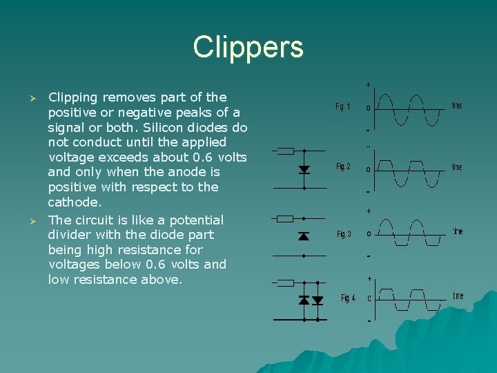 Clippers Ø Ø Clipping removes part of the positive or negative peaks of a