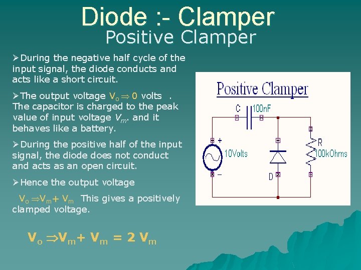 Diode : - Clamper Positive Clamper ØDuring the negative half cycle of the input