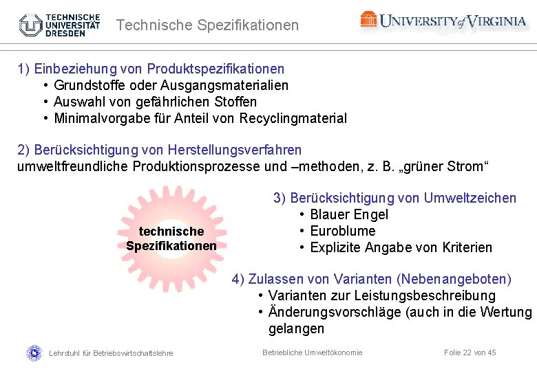 Technische Spezifikationen 1) Einbeziehung von Produktspezifikationen • Grundstoffe oder Ausgangsmaterialien • Auswahl von gefährlichen