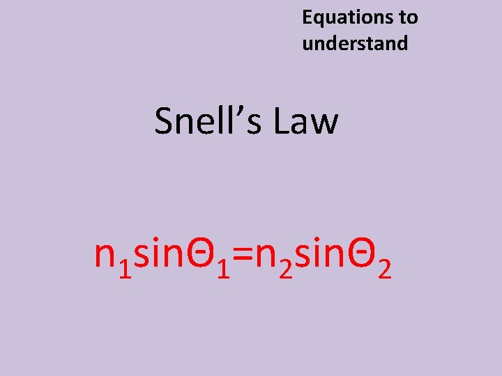 Equations to understand Snell’s Law n 1 sinΘ 1=n 2 sinΘ 2 