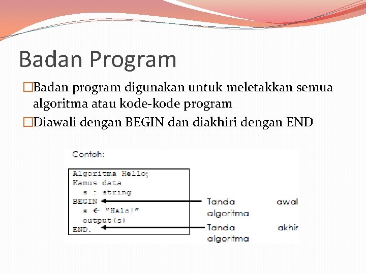 Badan Program �Badan program digunakan untuk meletakkan semua algoritma atau kode-kode program �Diawali dengan Badan Program �Badan program digunakan untuk meletakkan semua algoritma atau kode-kode program �Diawali dengan