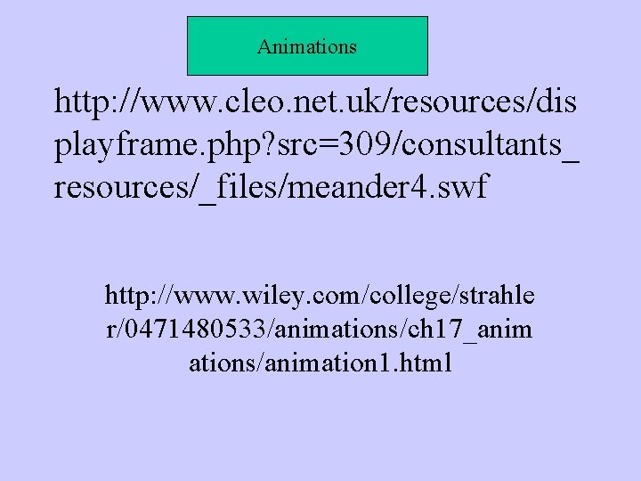 Animations http: //www. cleo. net. uk/resources/dis playframe. php? src=309/consultants_ resources/_files/meander 4. swf http: //www.