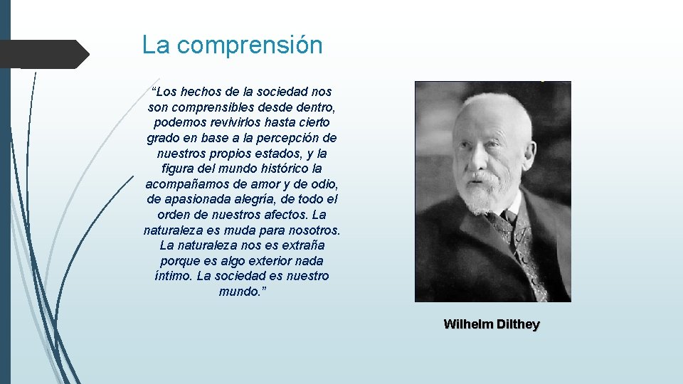 La comprensión “Los hechos de la sociedad nos son comprensibles desde dentro, podemos revivirlos La comprensión “Los hechos de la sociedad nos son comprensibles desde dentro, podemos revivirlos