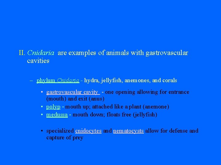 II. Cnidaria are examples of animals with gastrovascular cavities – phylum Cnidaria - hydra,