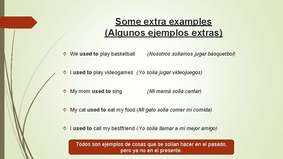 Some extra examples (Algunos ejemplos extras) We used to play basketball (Nosotros solíamos jugar