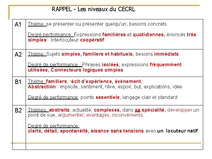 RAPPEL - Les niveaux du CECRL A 1 Thème: se présenter ou présenter quelqu'un,