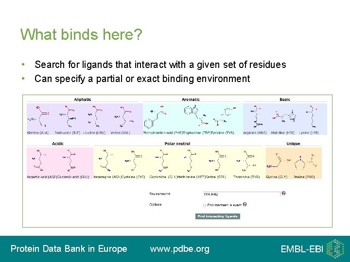 What binds here? • Search for ligands that interact with a given set of