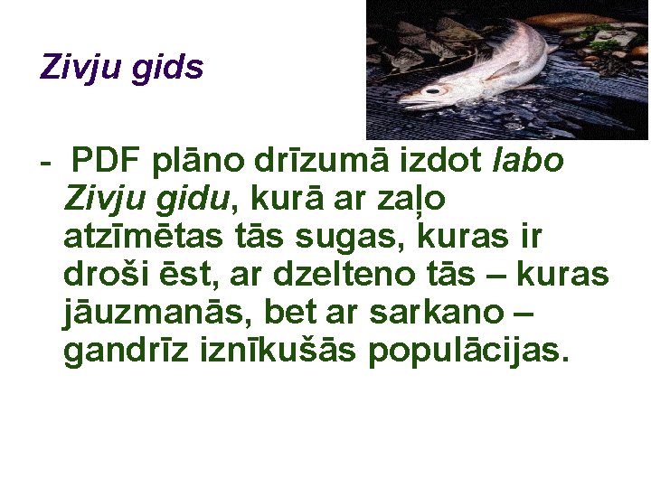 Zivju gids - PDF plāno drīzumā izdot labo Zivju gidu, kurā ar zaļo atzīmētas